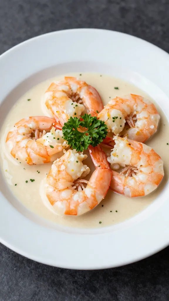 single plated Italian creamy garlic shrimp, parsley garnish