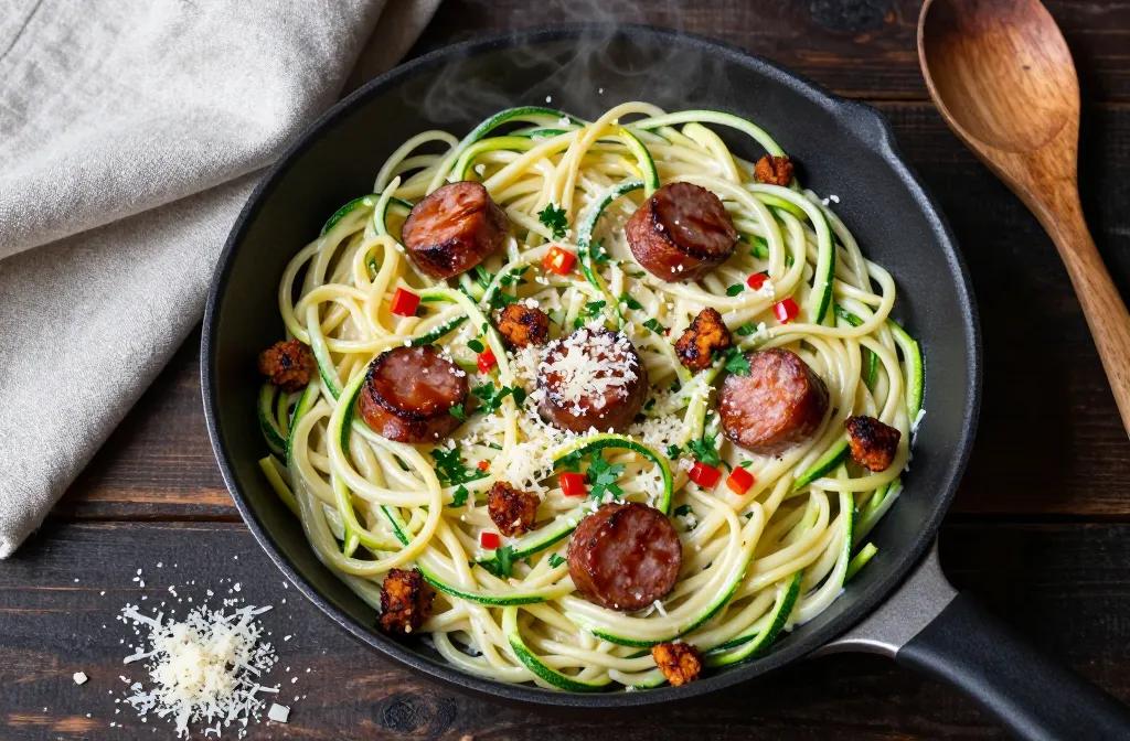 Low-Carb Zoodle Alfredo with Italian Sausage Weeknight Win