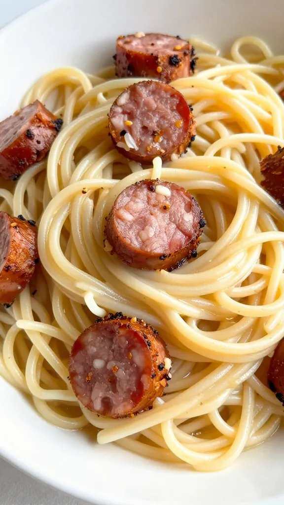 closeup bowl of zoodle alfredo with crispy Italian sausage