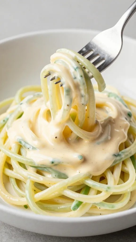 fork twirl of creamy zoodles, glossy alfredo sauce