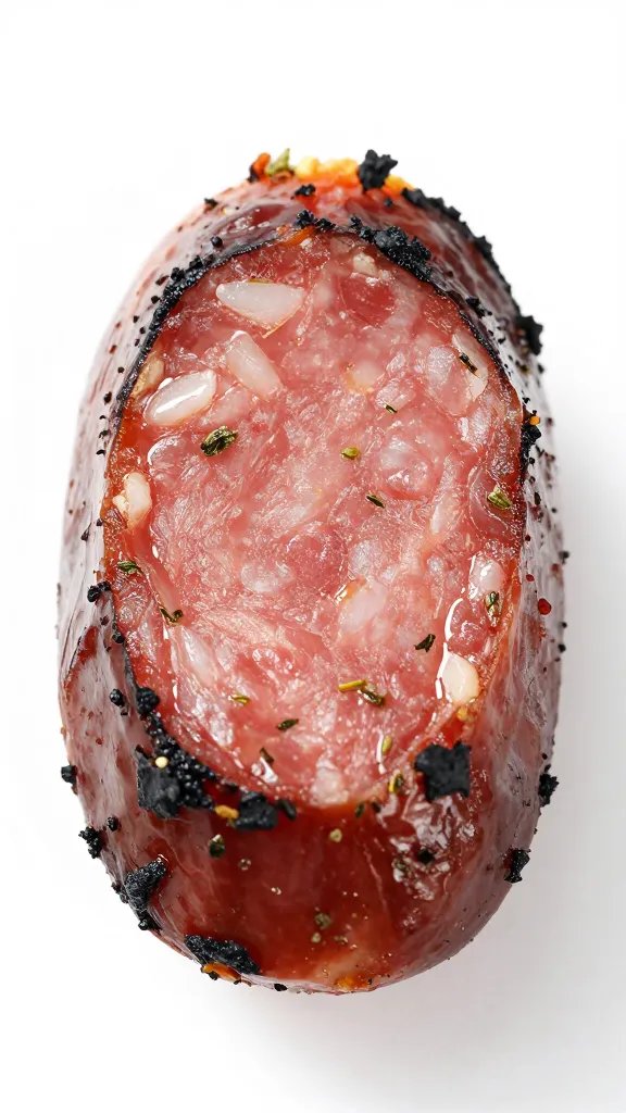 seared Italian sausage slice, charred edges, herb flecks, macro shot