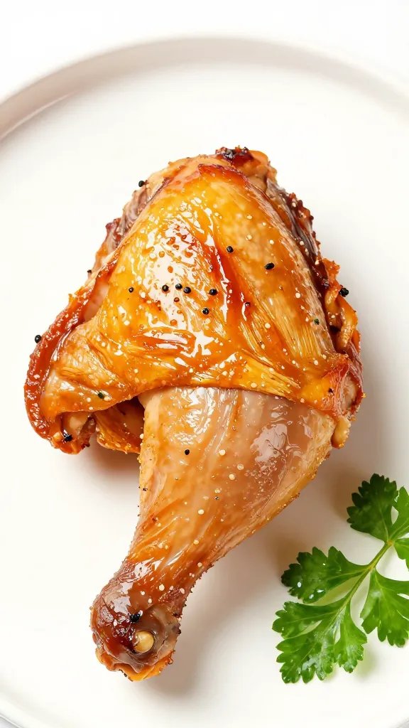 single roasted chicken thigh, glistening skin, parsley garnish