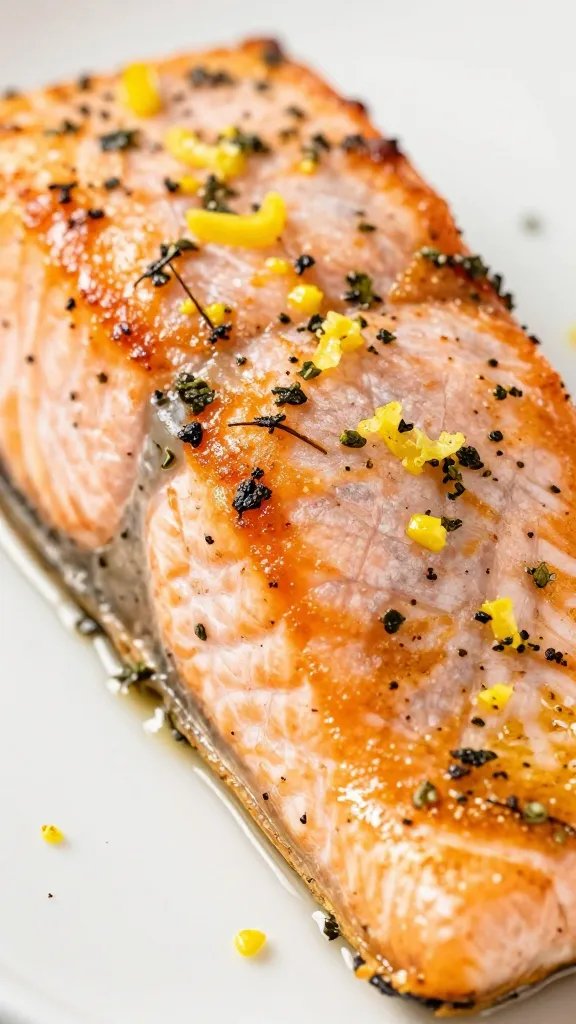 closeup of herb-roasted salmon fillet with lemon zest