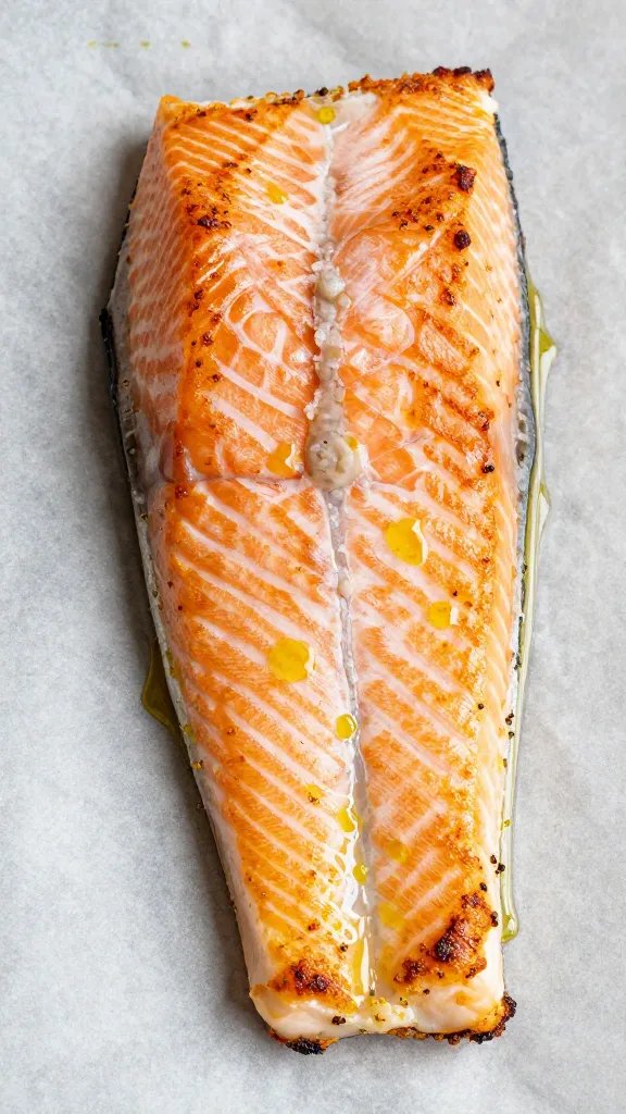 golden salmon fillet on parchment, crispy edges, olive oil sheen