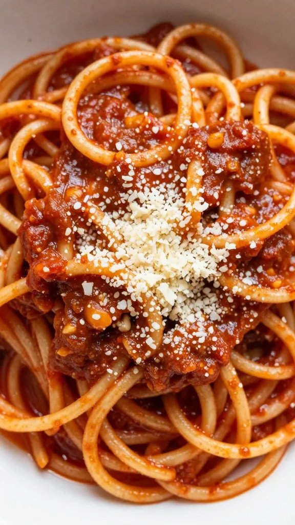 twirled zoodles coated in marinara, parmesan sprinkle, overhead closeup