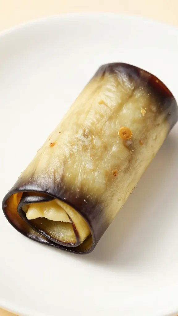 closeup of a single keto eggplant roll-up on white plate