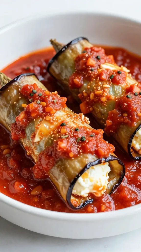 bubbling ricotta-filled eggplant roll-up in marinara, shallow dish