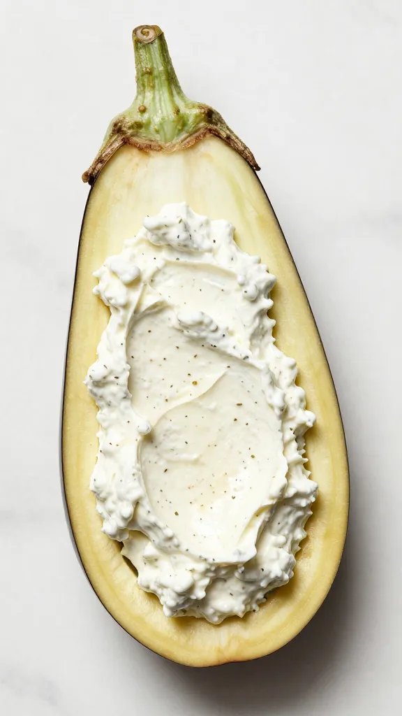 golden-edged eggplant slice with herbed ricotta spread, overhead