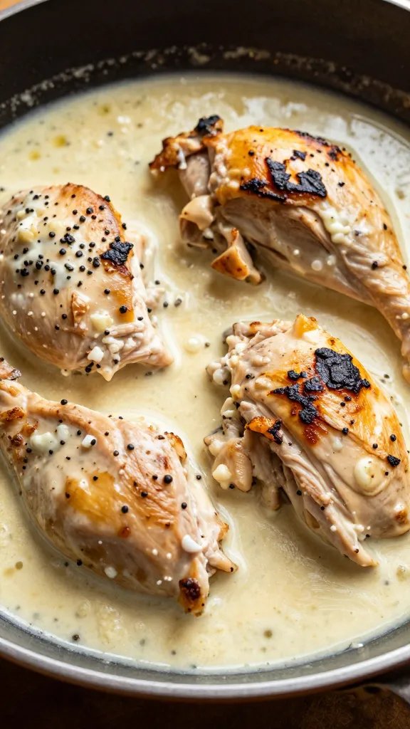 closeup skillet of Tuscan chicken in creamy garlic sauce