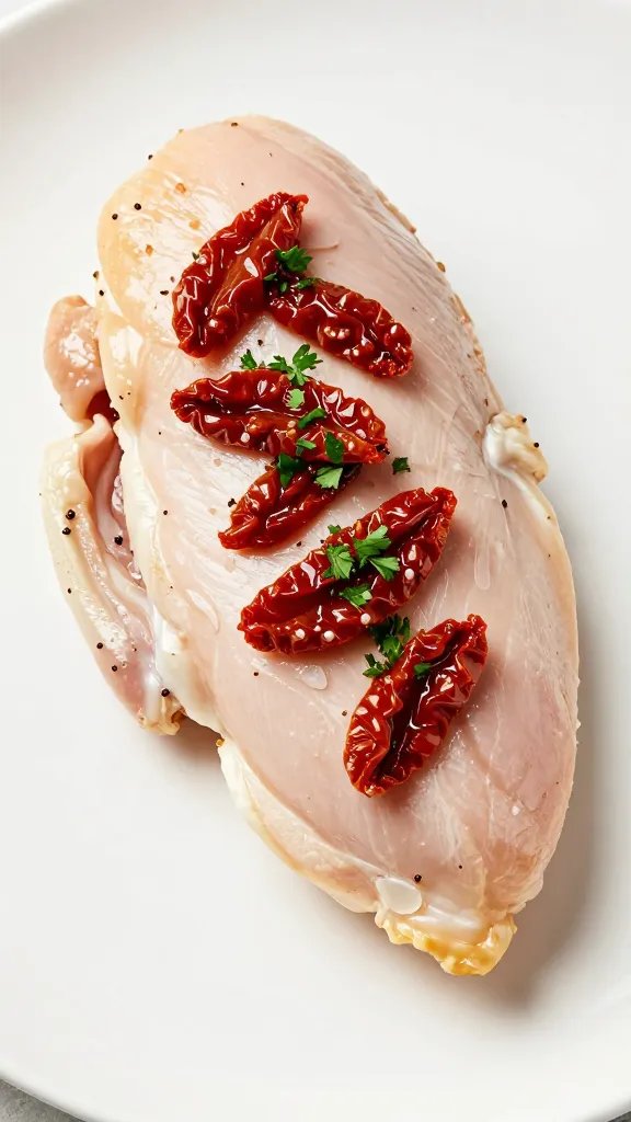 single chicken breast topped with sun-dried tomatoes, parsley garnish