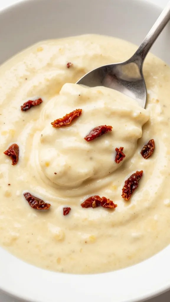 spoonful of creamy Tuscan sauce with sun-dried tomato bits