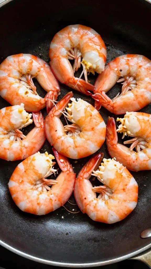 closeup skillet of garlic butter Italian shrimp, overhead