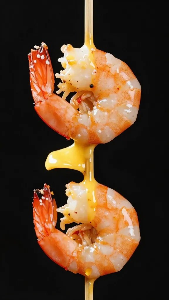 single shrimp skewer glazed in garlic butter, macro