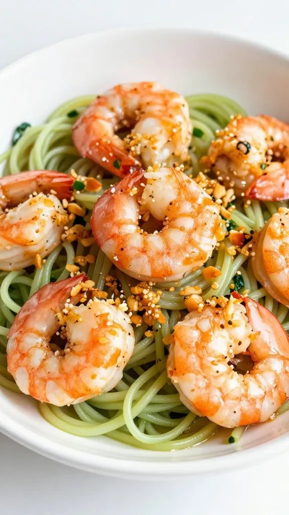 white bowl of zoodles topped with garlic butter shrimp, closeup