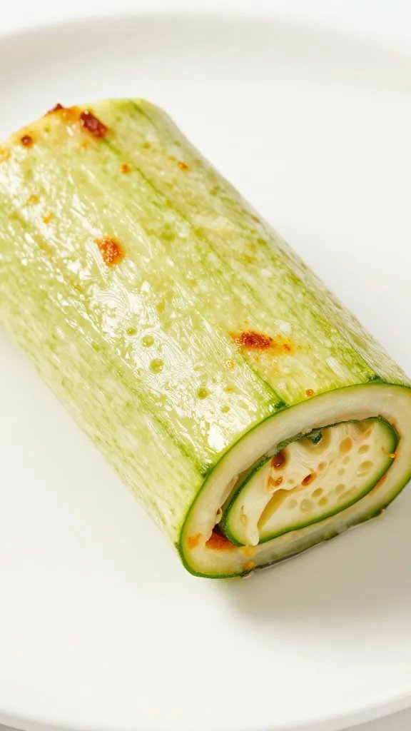 closeup of a single zucchini lasagna roll on white plate