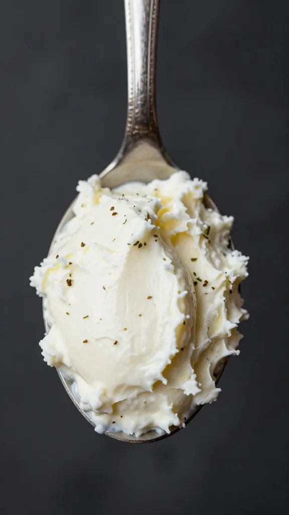 spoonful of ricotta-parmesan herb filling against dark background