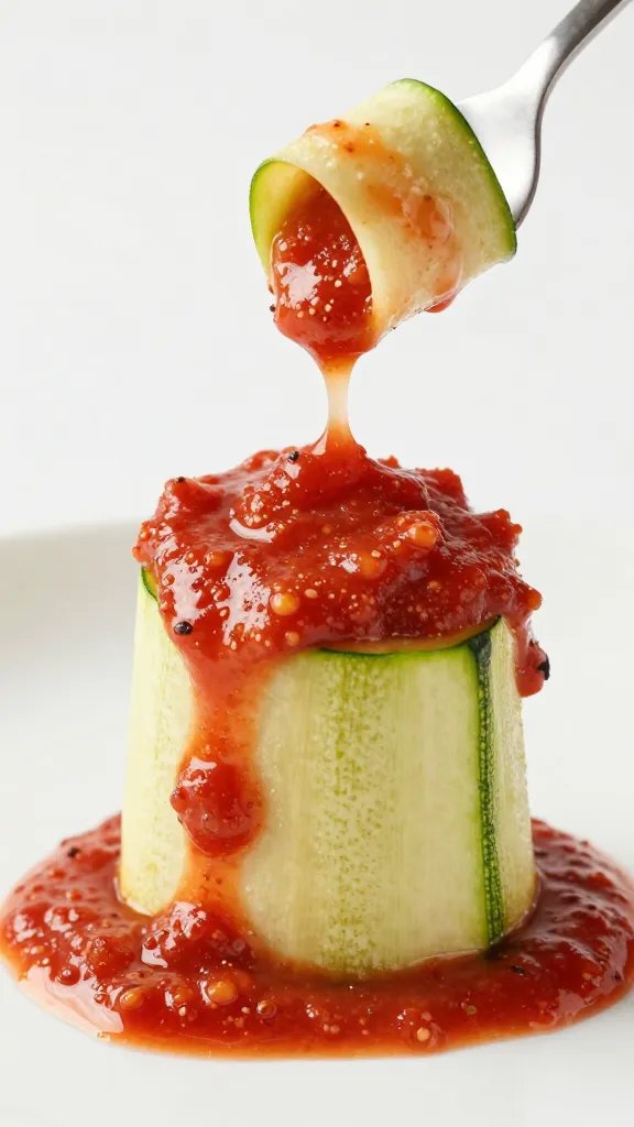 drizzle of low-sugar marinara over one zucchini roll, macro shot