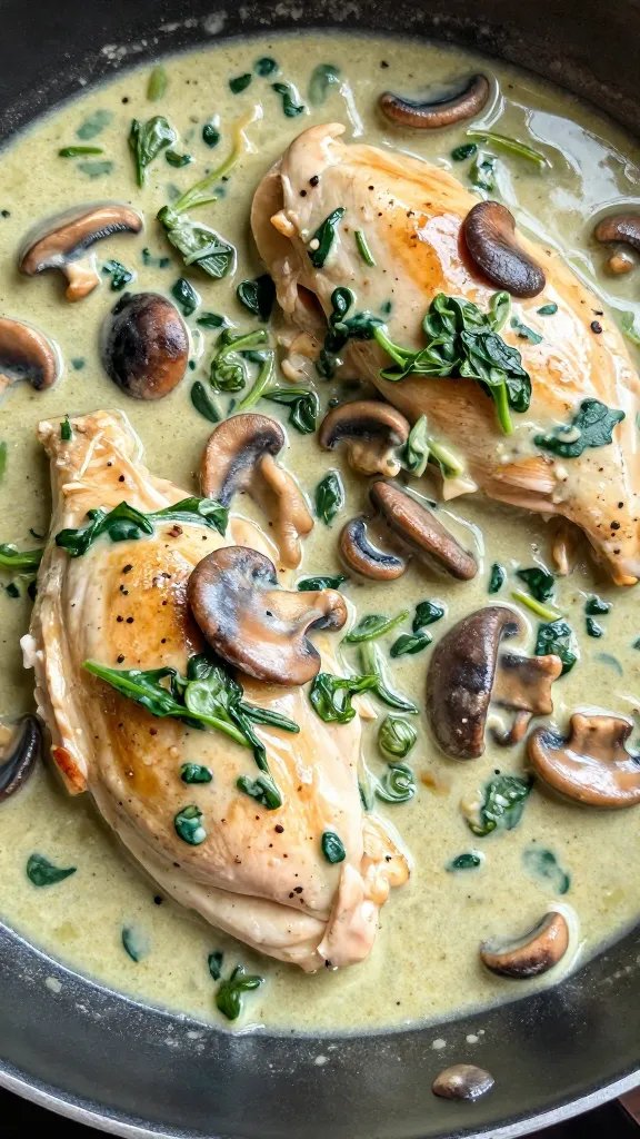 closeup skillet chicken in creamy spinach mushroom sauce