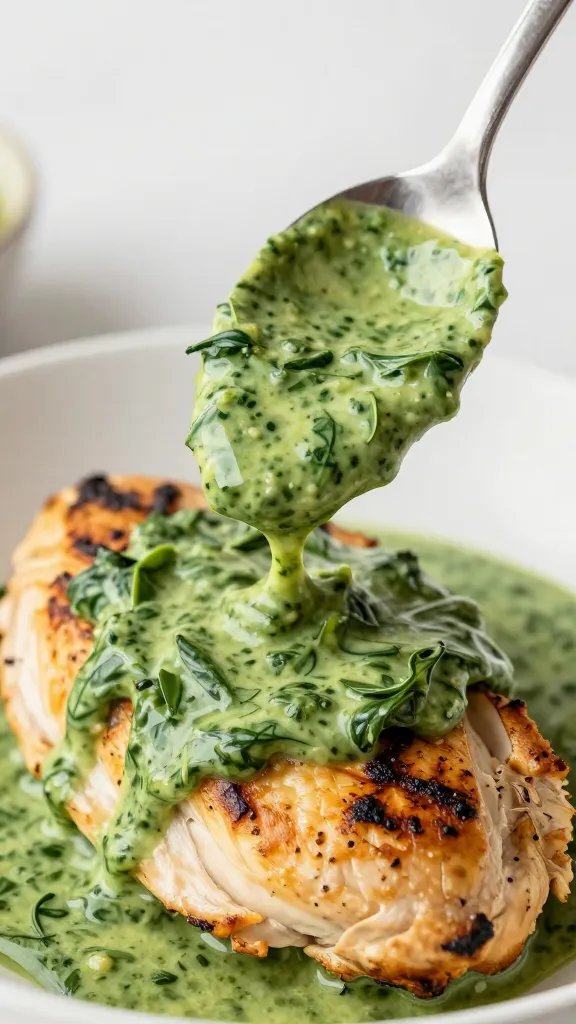 spoon lifting creamy garlic spinach sauce over seared chicken