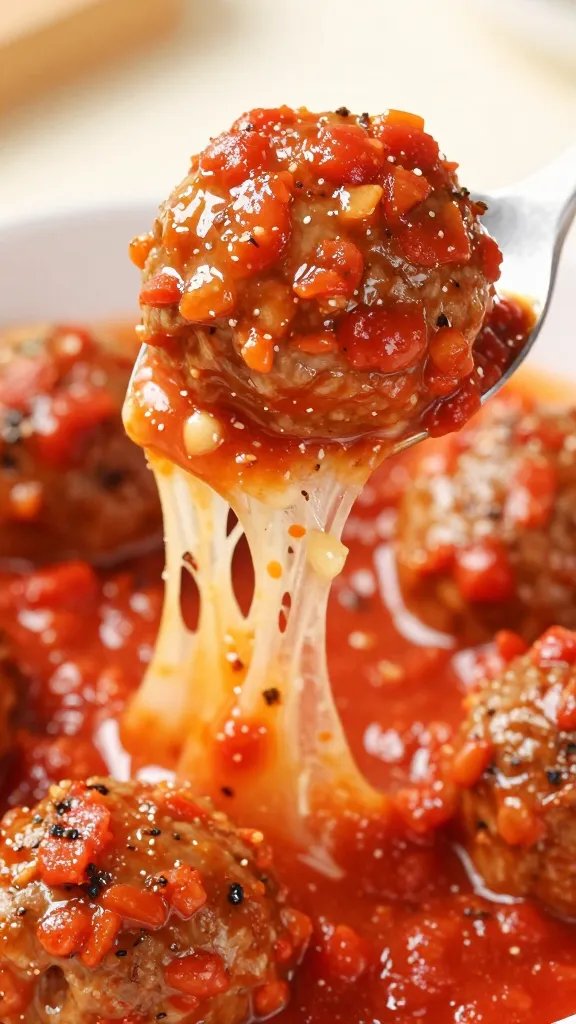 closeup of cheese-pulled meatball over marinara in spoon