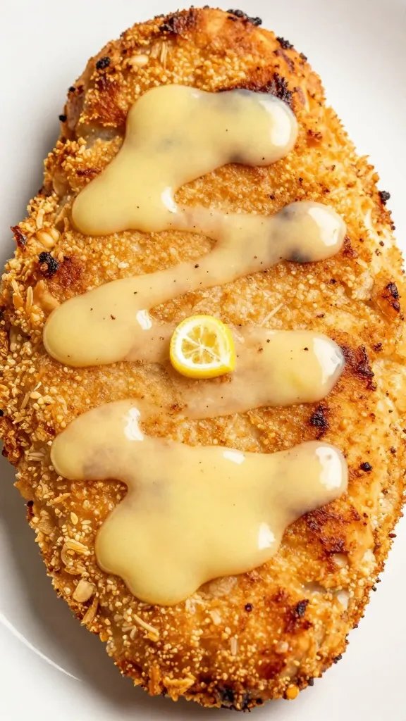 closeup of chicken piccata cutlet with lemon butter glaze