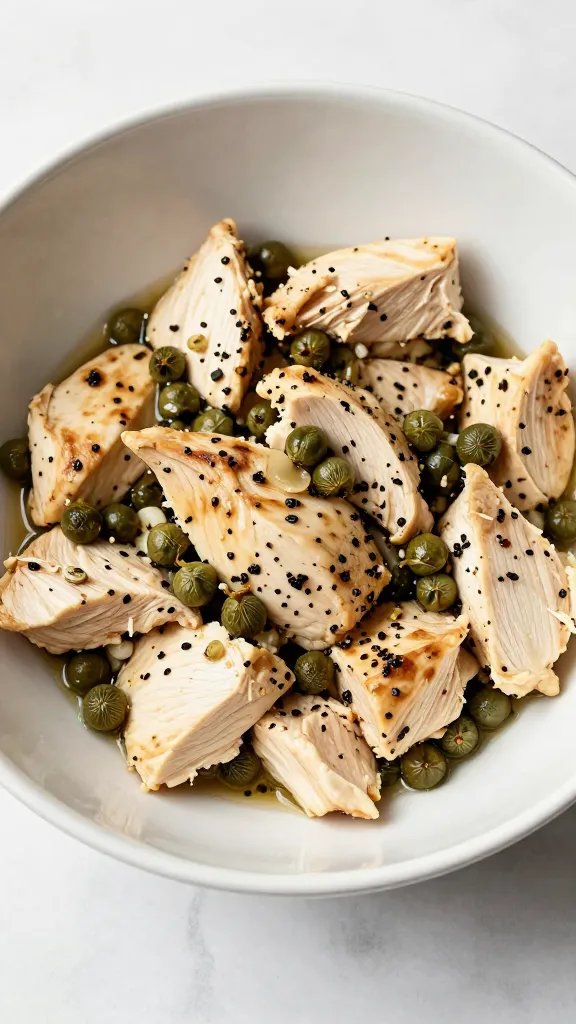 shallow bowl of low-carb chicken piccata with capers