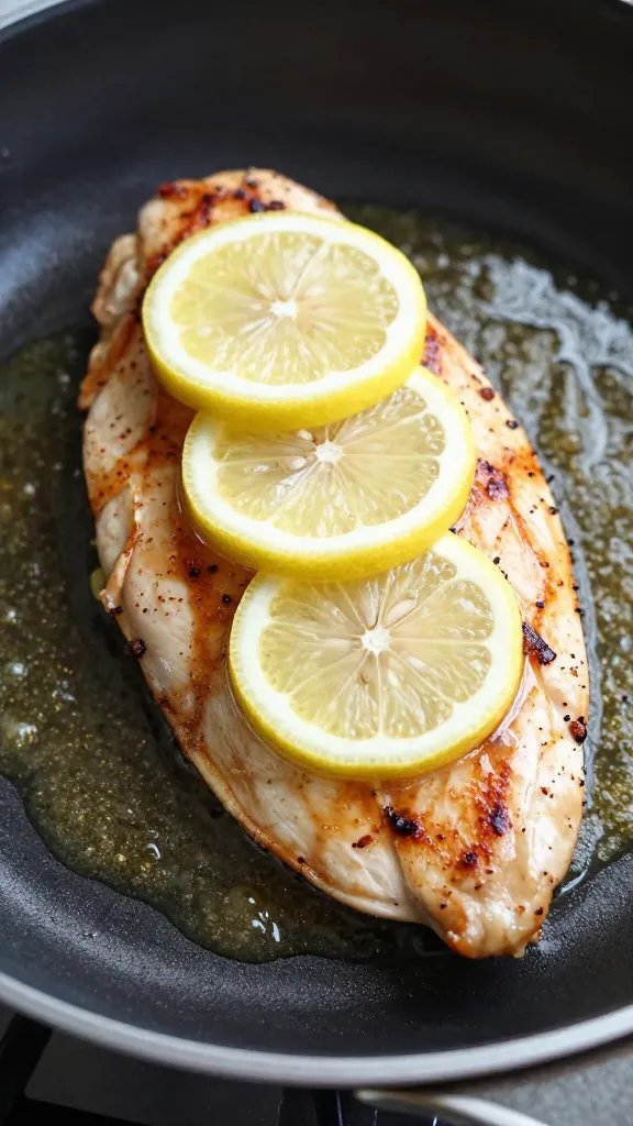 single seared chicken breast topped with lemon slices and pan sauce