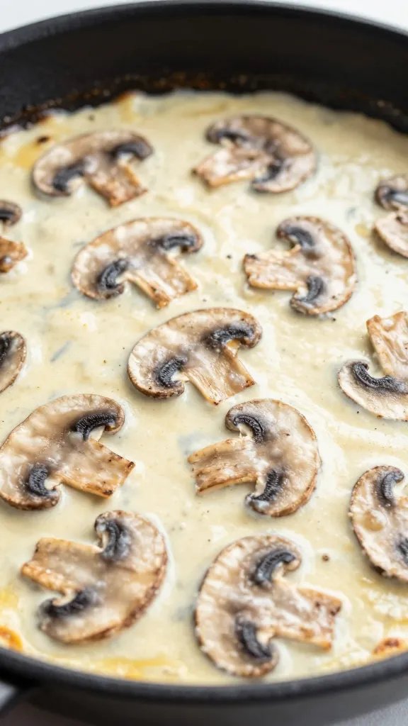 closeup skillet of keto creamy Italian mushroom bake