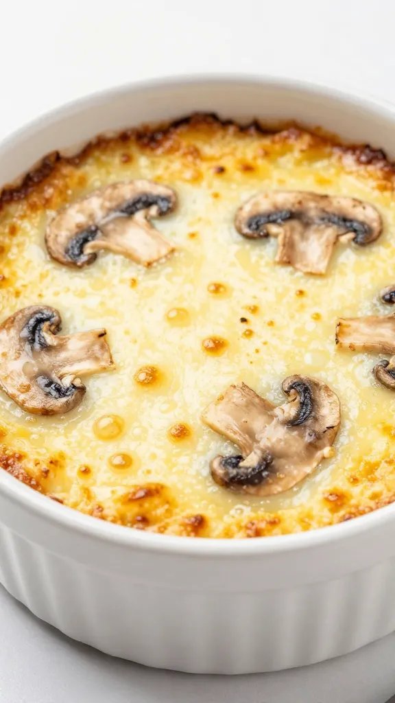 single white ramekin of bubbly cheesy mushroom gratin