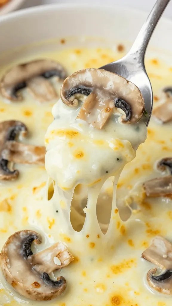 spoonful of creamy garlic mushrooms, melted mozzarella stretch
