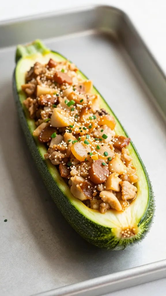 closeup single Italian keto stuffed zucchini boat on sheet pan
