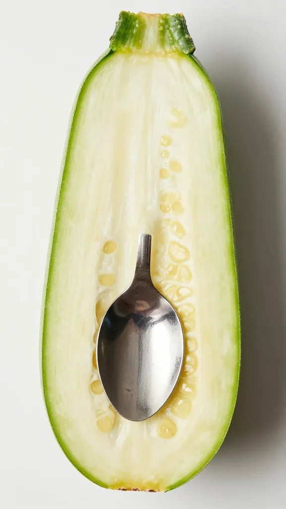 overhead shot of halved zucchini being hollowed with spoon