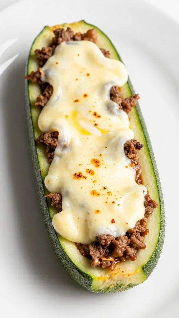 melted mozzarella-topped zucchini boat with garlicky beef filling