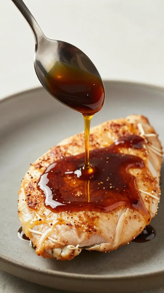 spoon drizzling marsala sauce over single chicken cutlet