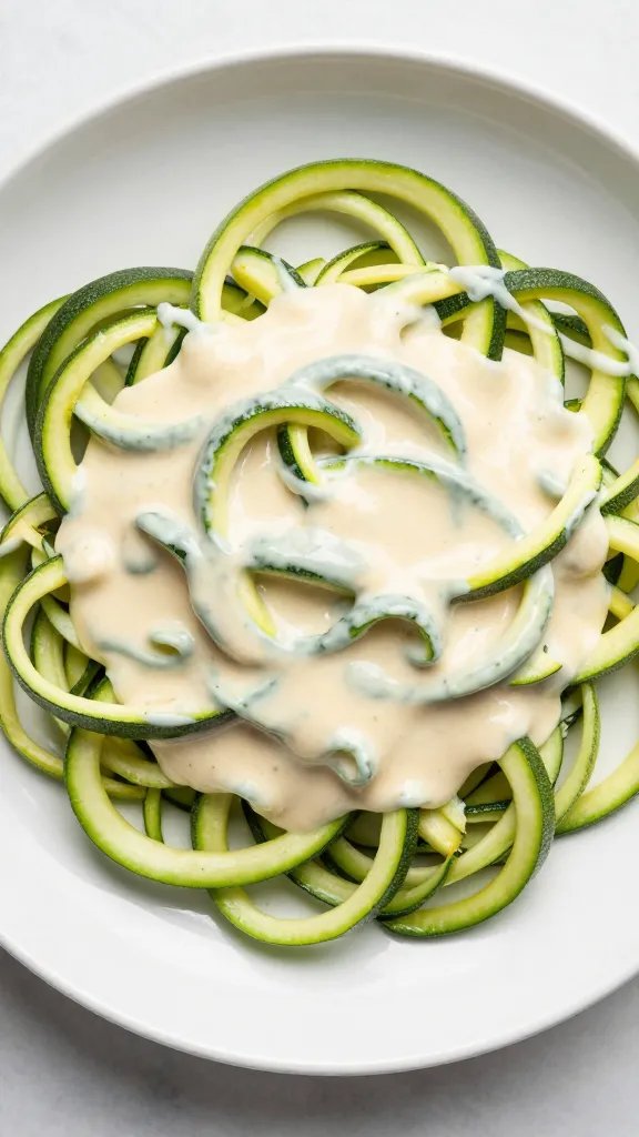 overhead plate of zucchini zoodles coated in Tuscan cream sauce
