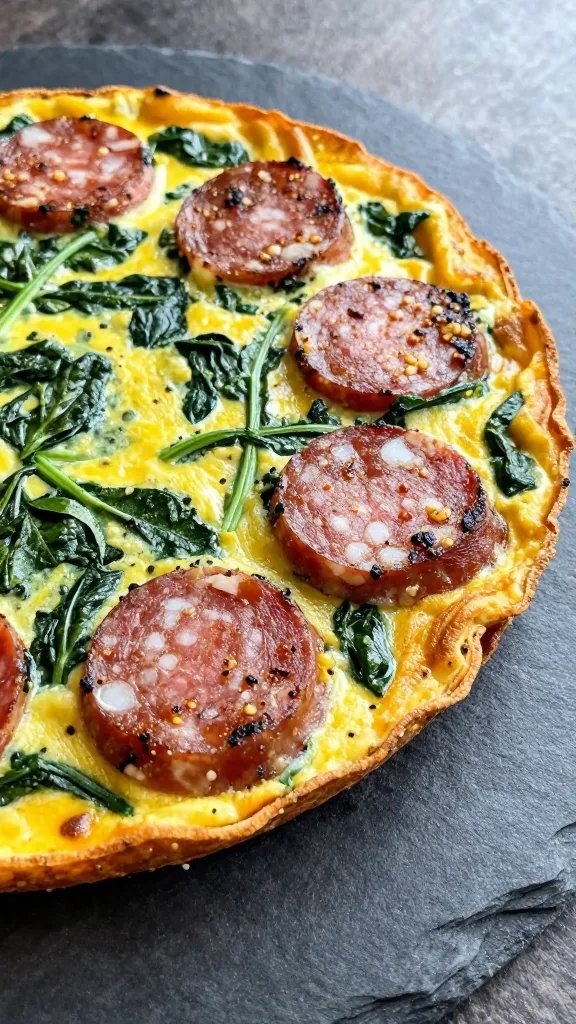 closeup slice of keto Italian sausage spinach frittata on slate