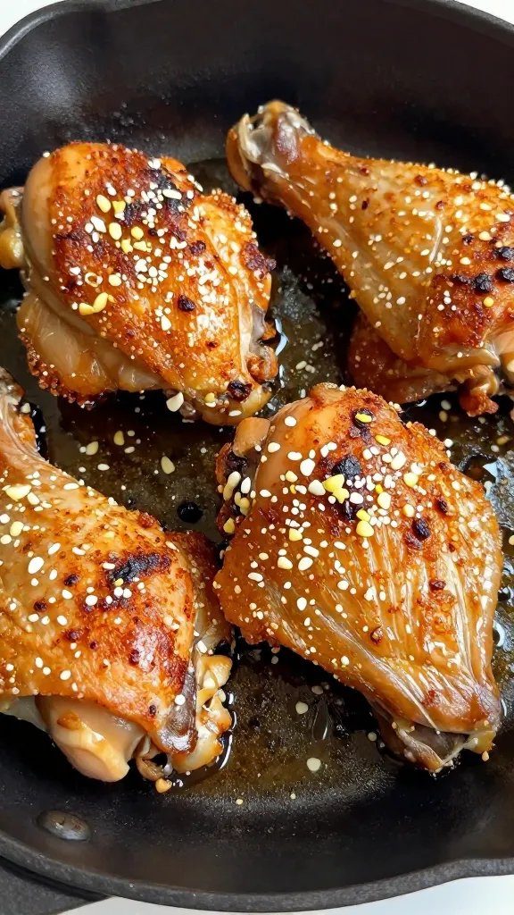 crispy skin-on chicken thigh in garlic butter skillet, closeup
