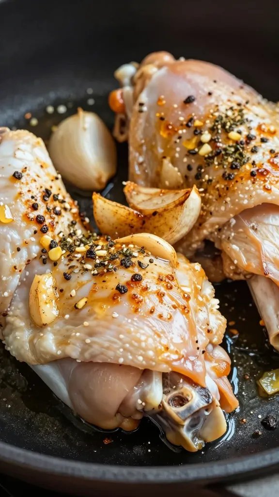 bone-in chicken thigh with browned garlic and herbs, macro