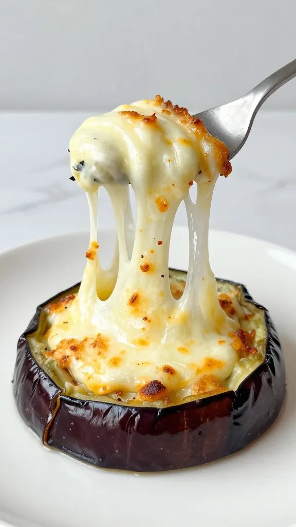 single cheesy eggplant bite with melted mozzarella stretch