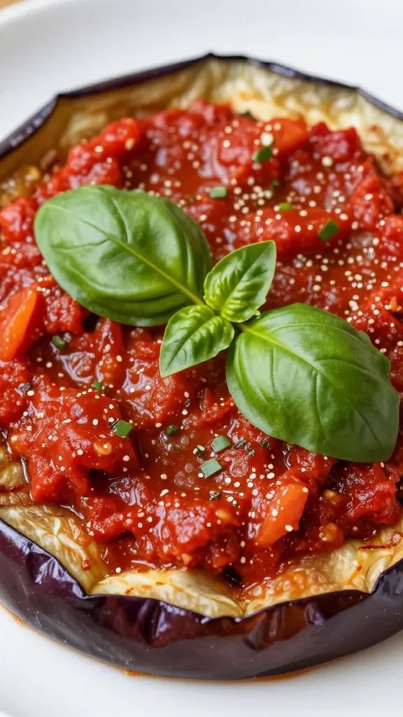 roasted eggplant round topped with marinara and basil closeup