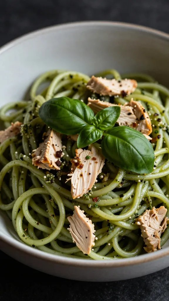 closeup bowl of chicken pesto zoodles, basil garnish, moody light