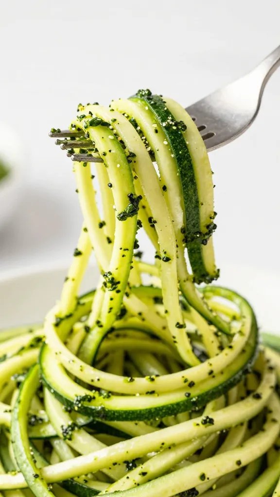 fork twirl of zucchini noodles coated in basil pesto, macro shot