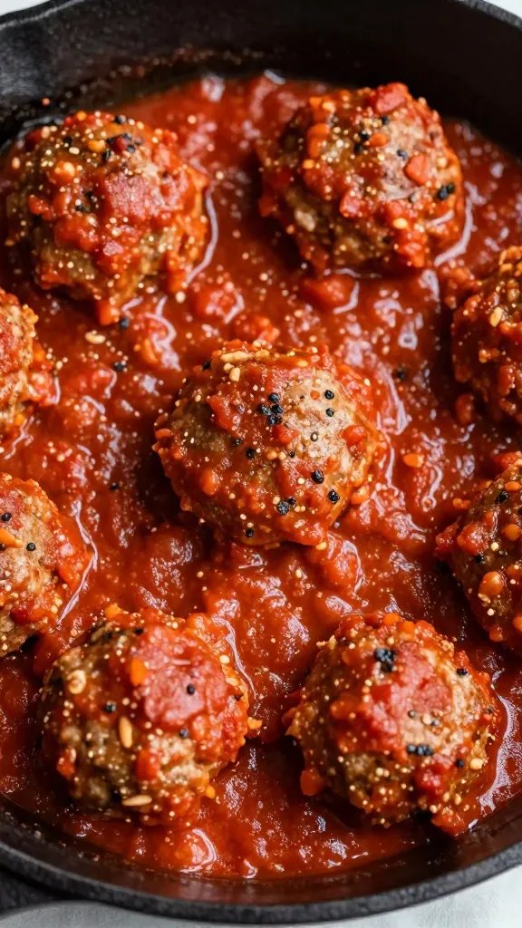closeup cast-iron skillet of keto Italian meatballs in marinara