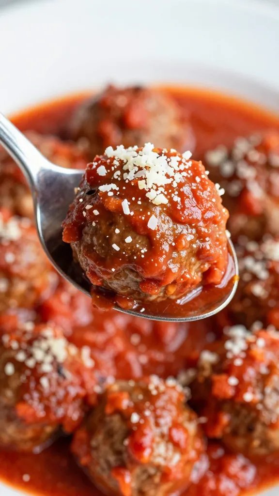 single meatball on spoon, glossy marinara, parmesan sprinkle