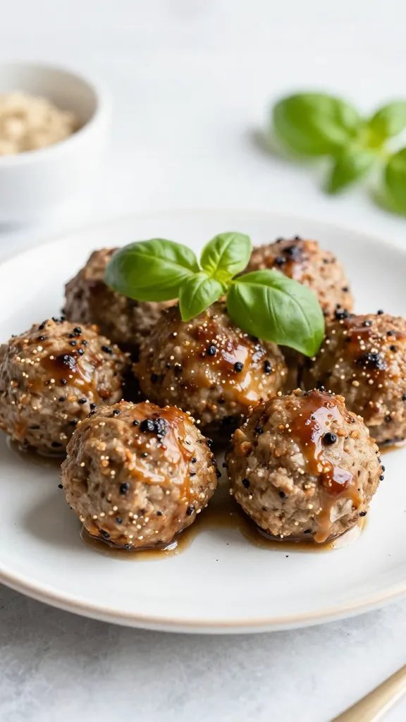 single plate of keto meatballs, basil garnish, shallow depth-of-field