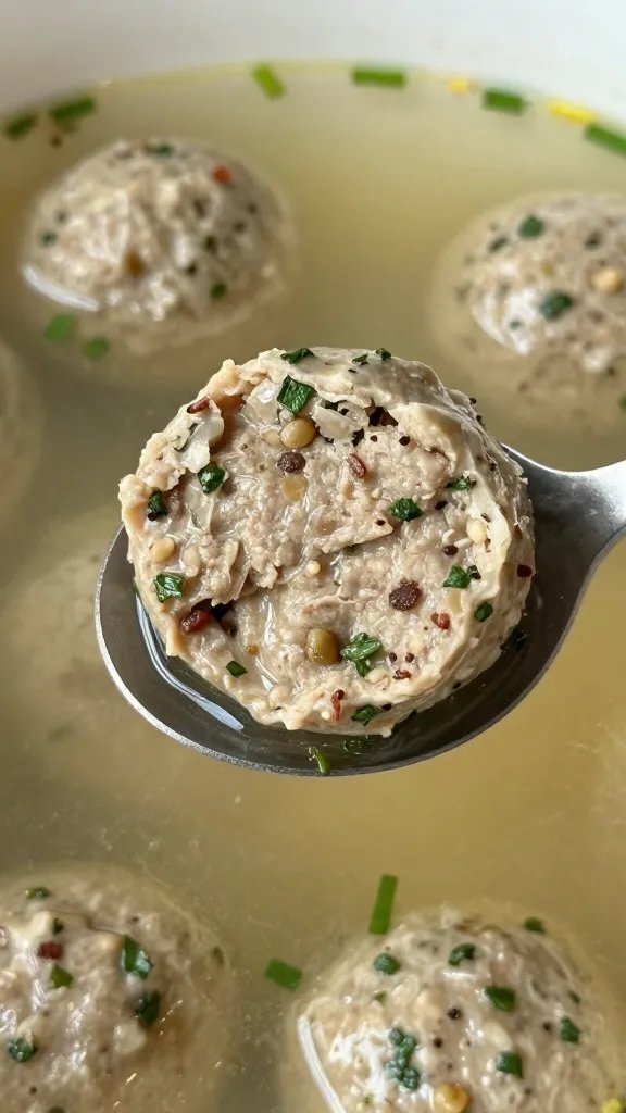 closeup herby Italian meatball on spoon over broth