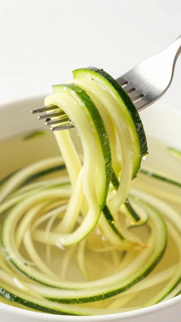 spiralized zucchini noodles twirled on fork above soup