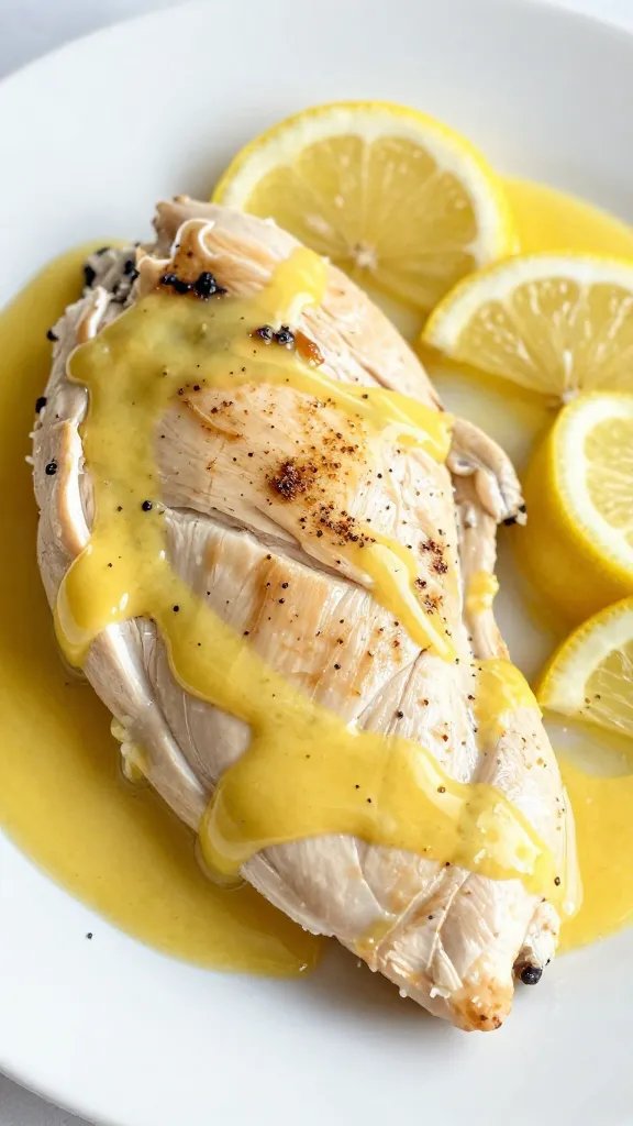 closeup keto chicken piccata on white plate, lemon butter glaze