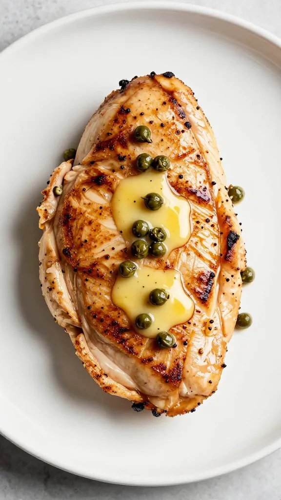 single seared chicken cutlet with capers, glossy garlic butter
