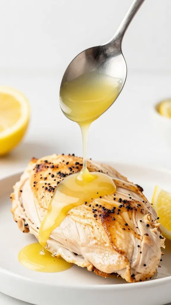 spoon drizzling lemon-garlic butter over chicken piccata